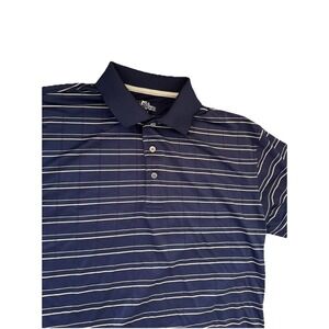 PGA Tour Men's Polo Golf Shirt Blue/Beige Striped Short Sleeve Size Medium